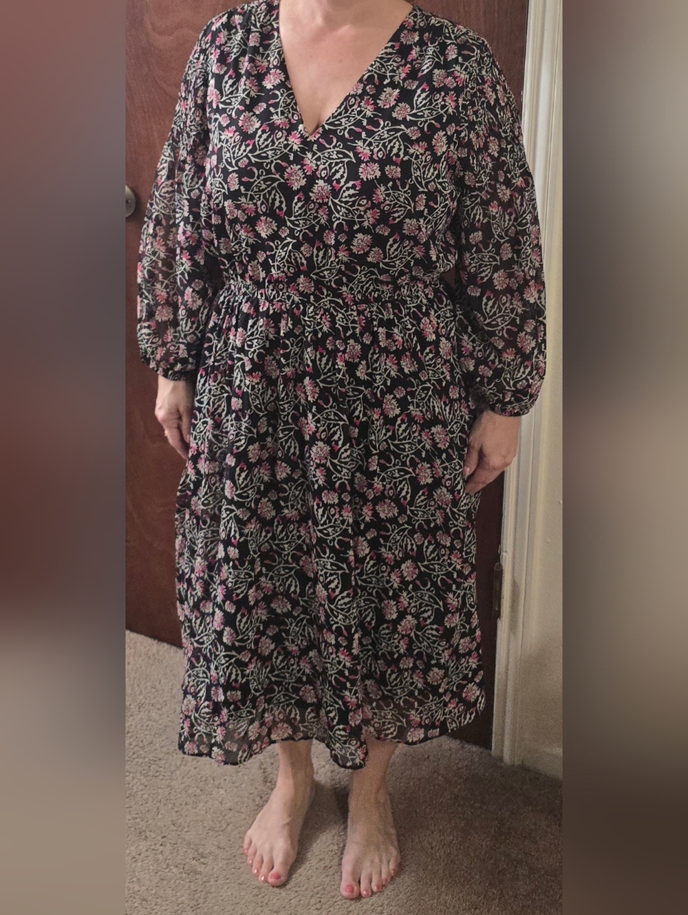 Lane Bryant Black Floral Midi Dress with Pink and Cream Print